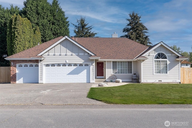 14415 144th St E, Orting, WA 98360 - ranch-style house featuring a garage, driveway, a chimney, a shingled roof, and board and batten siding