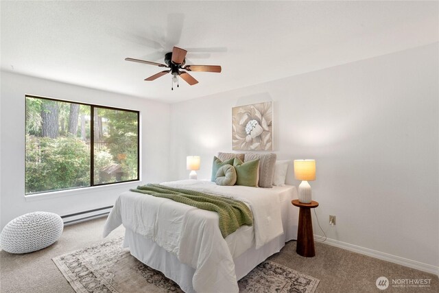 60 E Christmas Tree Pl, Belfair, WA 98528 - bedroom featuring carpet, a baseboard heating unit, baseboards, and ceiling fan