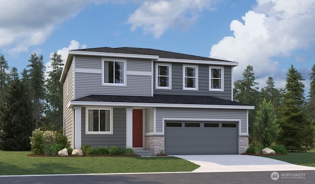 20304 150th St E, Bonney Lake, WA 98391 - view of front of house with a garage, driveway, a front yard, and a shingled roof