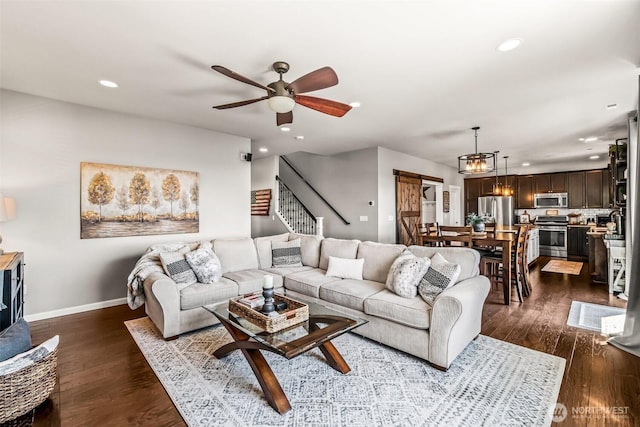 912 77th Dr SE, Lake Stevens, WA 98258 - living room featuring recessed lighting, a ceiling fan, baseboards, dark wood finished floors, and stairway
