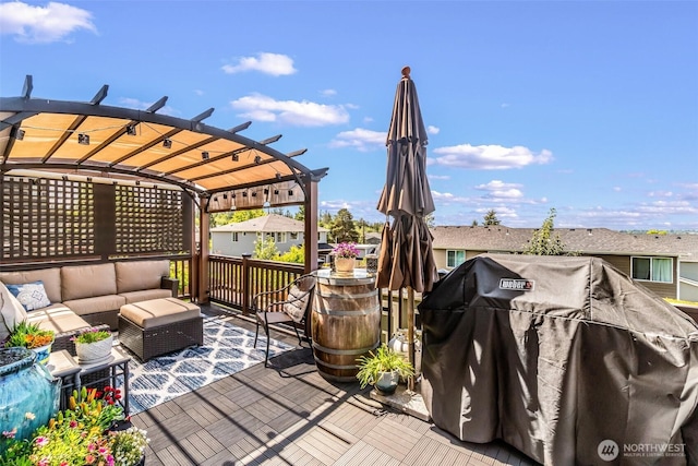 912 77th Dr SE, Lake Stevens, WA 98258 - wooden terrace featuring outdoor lounge area, a pergola, and grilling area