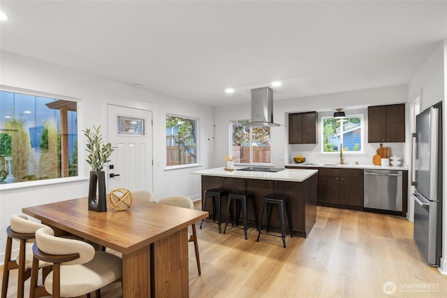 11550 22nd Ave NE, Seattle, WA 98125 - kitchen with stainless steel appliances, range hood, dark brown cabinets, light wood finished floors, and light countertops