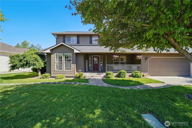 1210 Southview Dr, Walla Walla, WA 99362 - traditional-style home with covered porch, an attached garage, concrete driveway, and a front yard