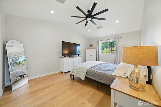 1210 Southview Dr, Walla Walla, WA 99362 - bedroom with light wood-style floors, vaulted ceiling, recessed lighting, baseboards, and a ceiling fan