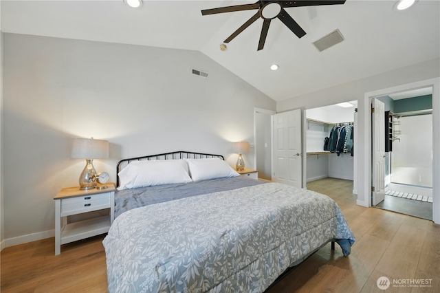 1210 Southview Dr, Walla Walla, WA 99362 - bedroom with vaulted ceiling, light wood-style flooring, recessed lighting, baseboards, and a ceiling fan