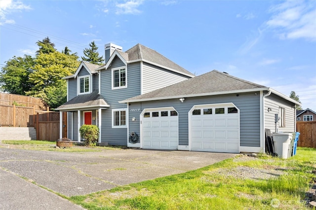 10319 SE 228th St, Kent, WA 98031 - traditional-style home featuring an attached garage, a chimney, a shingled roof, and driveway