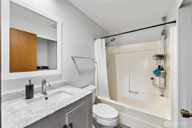 10319 SE 228th St, Kent, WA 98031 - bathroom with a textured wall, vanity, toilet, and shower / bathtub combination with curtain