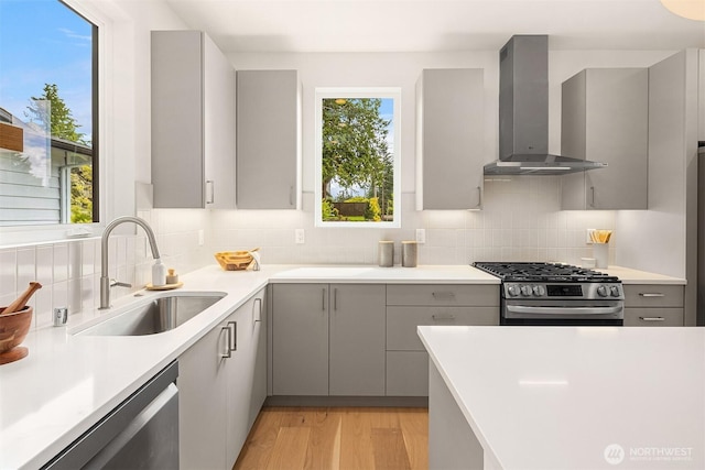 10304 NE 113th Pl Unit B, Kirkland, WA 98033 - kitchen featuring wall chimney exhaust hood, appliances with stainless steel finishes, gray cabinetry, a sink, and backsplash