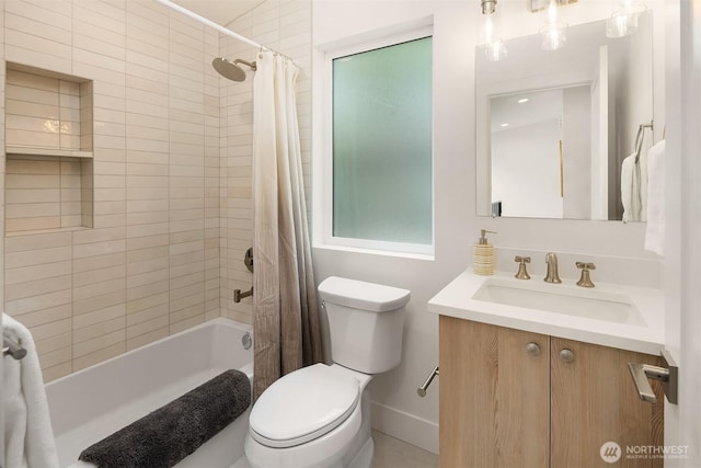 10304 NE 113th Pl Unit B, Kirkland, WA 98033 - bathroom featuring vanity, shower / bathtub combination with curtain, toilet, and baseboards