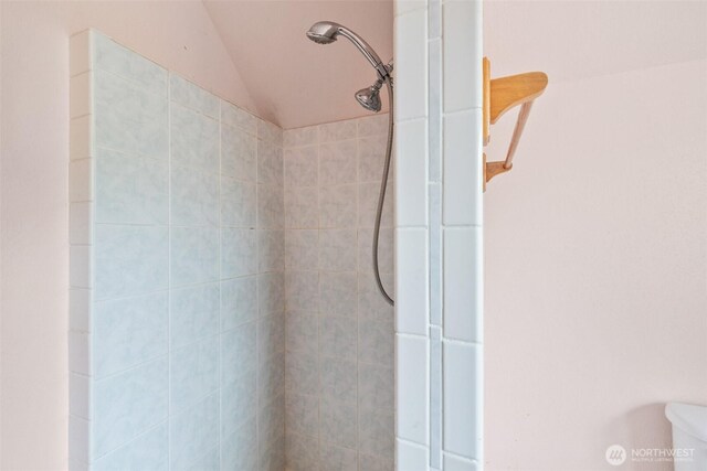 300 N St, Sequim, WA 98382 - full bathroom featuring tiled shower, vaulted ceiling, and toilet