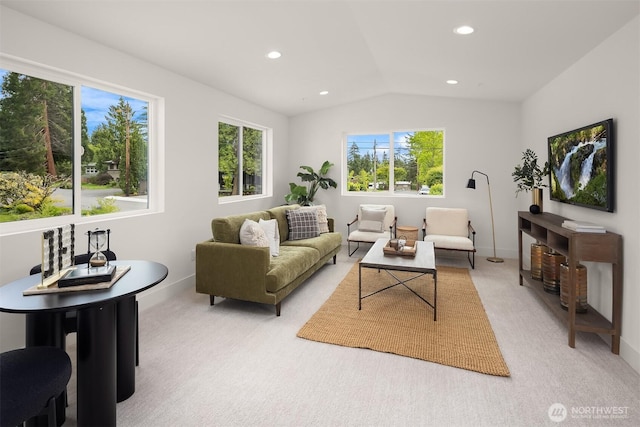 10304 NE 113th Pl, Kirkland, WA 98033 - living area featuring light colored carpet, vaulted ceiling, recessed lighting, and baseboards