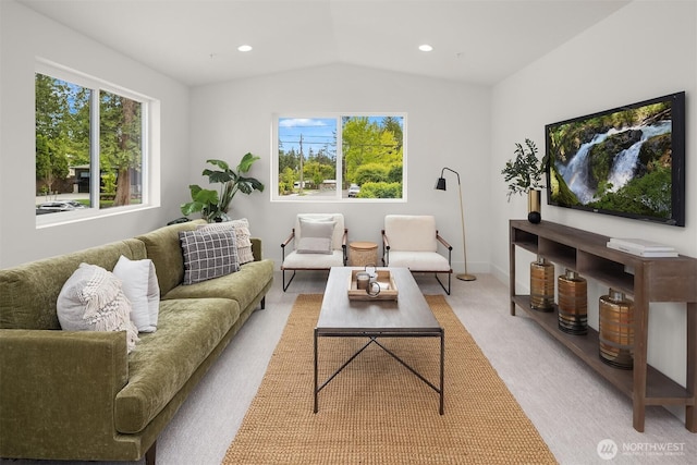 10304 NE 113th Pl, Kirkland, WA 98033 - living room featuring lofted ceiling, light carpet, and recessed lighting