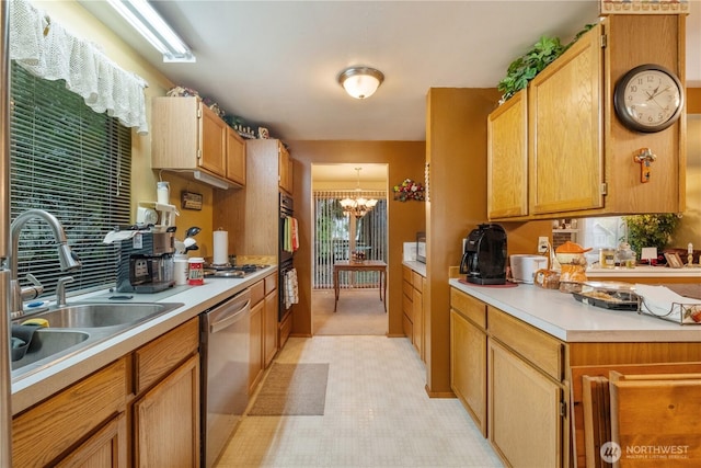 14904 108th Pl NE, Bothell, WA 98011 - kitchen with dishwasher, a sink, a chandelier, light countertops, and light colored carpet