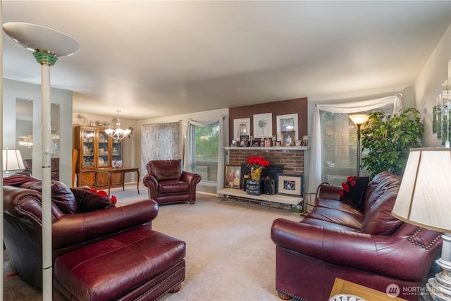 14904 108th Pl NE, Bothell, WA 98011 - living area featuring a chandelier, carpet, and a brick fireplace