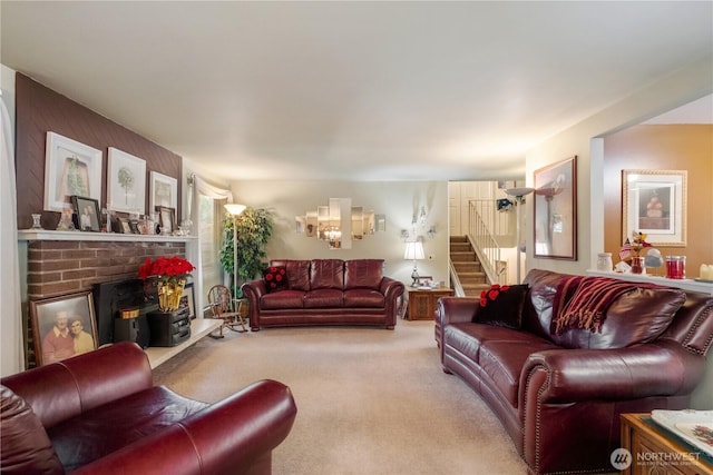 14904 108th Pl NE, Bothell, WA 98011 - carpeted living room with stairway and a fireplace