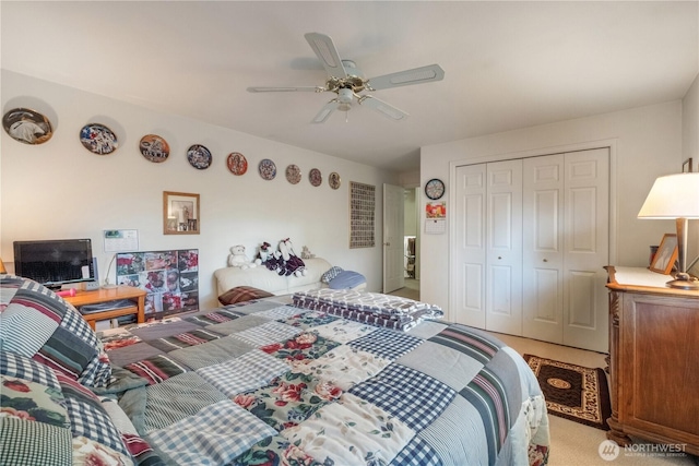 14904 108th Pl NE, Bothell, WA 98011 - bedroom featuring light carpet, a closet, and a ceiling fan