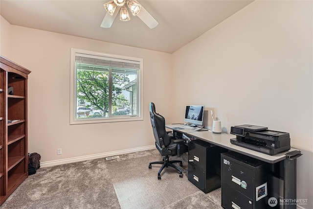 270 Kitsap Ave NE, Renton, WA 98059 - office featuring light colored carpet, ceiling fan, baseboards, and lofted ceiling