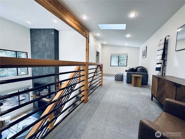 7400 Miller Way, Glacier, WA 98244 - corridor featuring carpet, a skylight, an upstairs landing, recessed lighting, and baseboards