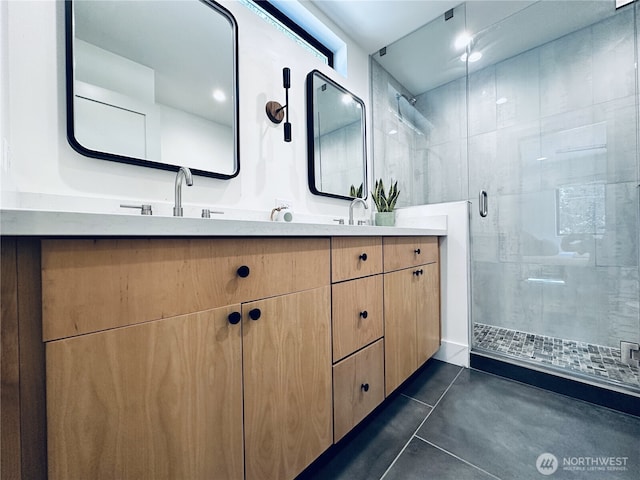 7400 Miller Way, Glacier, WA 98244 - bathroom featuring a stall shower, double vanity, and tile patterned flooring