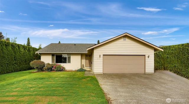 873 Fern Dr, Lynden, WA 98264 - single story home with driveway, a front yard, an attached garage, and a shingled roof