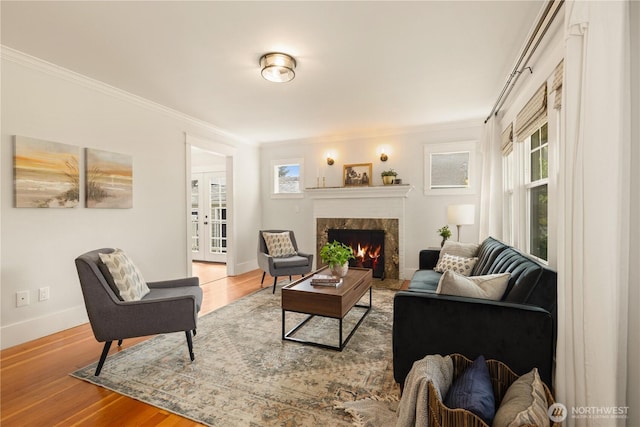 707 N Adams St, Tacoma, WA 98406 - living area featuring a high end fireplace, crown molding, plenty of natural light, baseboards, and wood finished floors