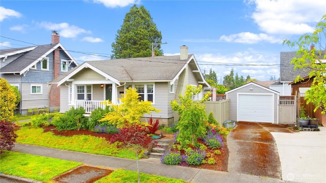707 N Adams St, Tacoma, WA 98406 - view of front of home with covered porch, driveway, an outdoor structure, a detached garage, and a chimney