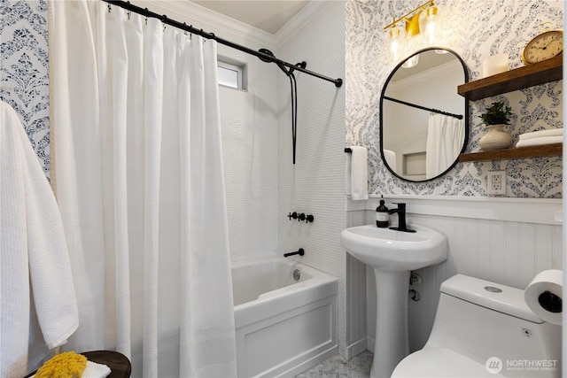 707 N Adams St, Tacoma, WA 98406 - full bath with crown molding, shower / tub combo, toilet, a wainscoted wall, and a sink