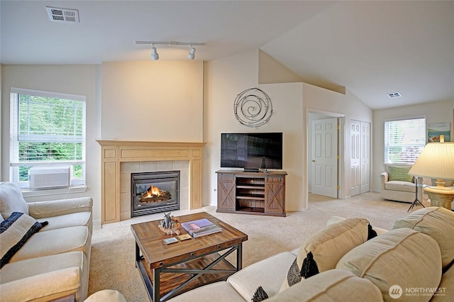 7318 Centerville Ct Unit 304, Stanwood, WA 98292 - living room with light carpet, vaulted ceiling, a fireplace, and rail lighting
