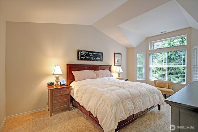 7318 Centerville Ct Unit 304, Stanwood, WA 98292 - bedroom featuring light colored carpet, lofted ceiling, and baseboards