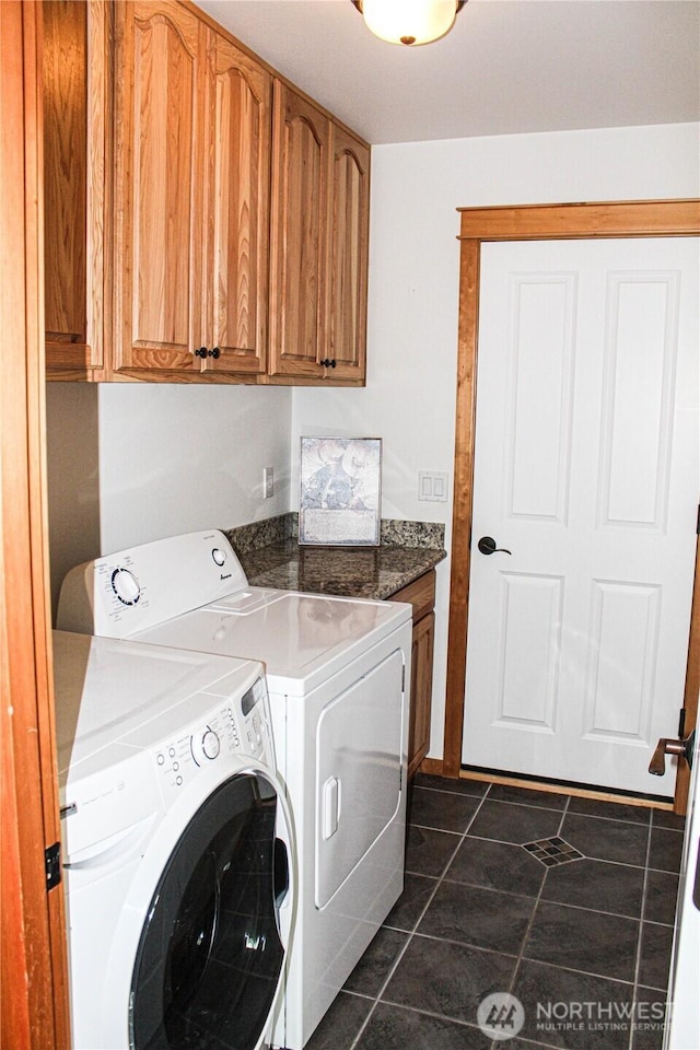 17247 154th Ave SE, Yelm, WA 98597 - washroom with cabinet space, washing machine and clothes dryer, and dark tile patterned floors