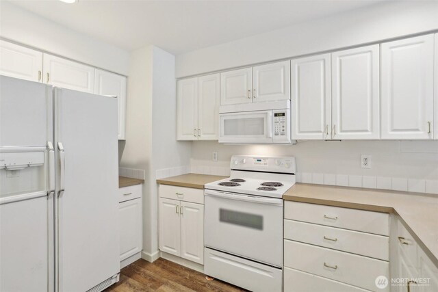21616 9th Ave SE Unit C-105, Bothell, WA 98021 - kitchen featuring white appliances, wood finished floors, white cabinetry, and light countertops