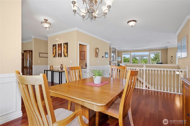 12232 SE 80th Way, Newcastle, WA 98056 - dining area with ornamental molding, wainscoting, a chandelier, dark wood-style floors, and a decorative wall
