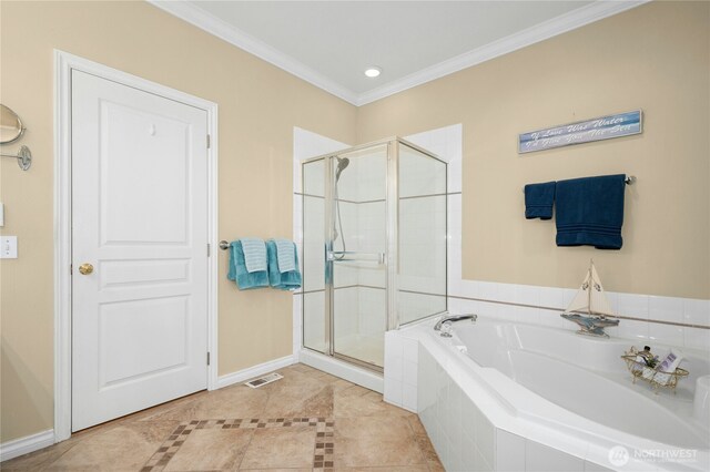 12232 SE 80th Way, Newcastle, WA 98056 - bathroom featuring crown molding, a shower stall, a bath, baseboards, and tile patterned floors