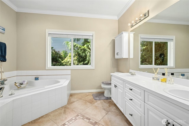 12232 SE 80th Way, Newcastle, WA 98056 - full bathroom with ornamental molding, a bath, double vanity, toilet, and baseboards