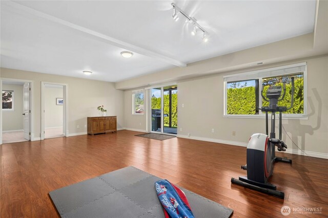 12232 SE 80th Way, Newcastle, WA 98056 - exercise room featuring wood finished floors, baseboards, and track lighting