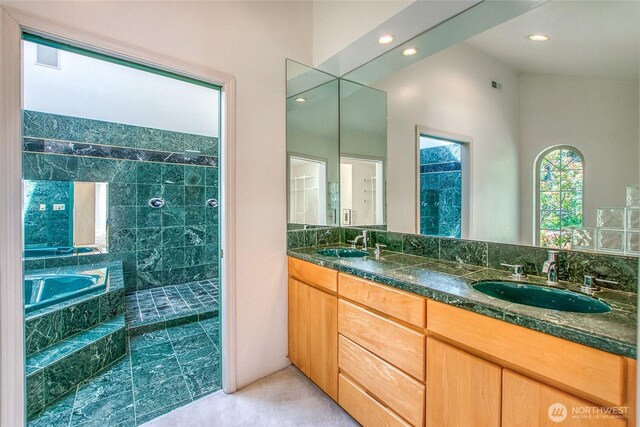 121 Switchback Rd, Orcas Island, WA 98245 - full bath featuring a garden tub, double vanity, recessed lighting, and tiled shower