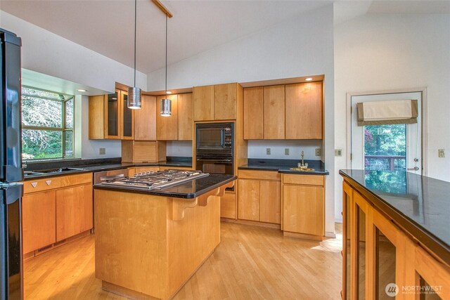 121 Switchback Rd, Orcas Island, WA 98245 - kitchen with black appliances, light wood-type flooring, plenty of natural light, a breakfast bar area, and high vaulted ceiling