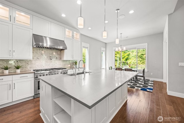 21888 SE 5th Pl, Sammamish, WA 98074 - kitchen with under cabinet range hood, a sink, range with two ovens, dark wood finished floors, and recessed lighting
