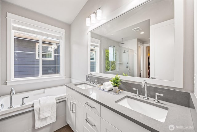 21888 SE 5th Pl, Sammamish, WA 98074 - full bathroom with a stall shower, double vanity, and a tub
