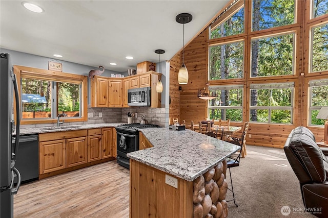 18880 Pine Loop, Leavenworth, WA 98826 - kitchen featuring appliances with stainless steel finishes, a sink, a peninsula, light stone counters, and wood walls
