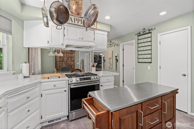 4628 109th Ave SE, Snohomish, WA 98290 - kitchen featuring gas stove, white cabinetry, stainless steel countertops, and recessed lighting