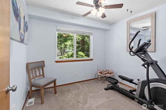 4628 109th Ave SE, Snohomish, WA 98290 - exercise area featuring a ceiling fan, carpet flooring, and baseboards