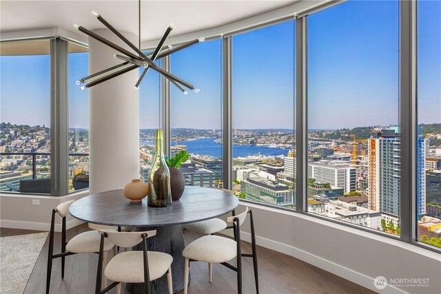 2510 6th Ave Unit 2802, Seattle, WA 98121 - dining area with baseboards, a city view, and wood finished floors