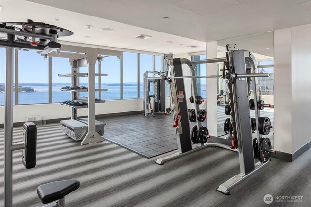 2510 6th Ave Unit 2802, Seattle, WA 98121 - exercise room featuring a water view, baseboards, and carpet flooring