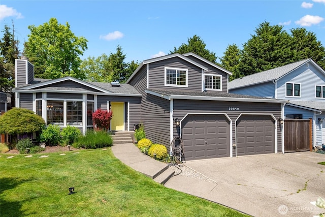 30840 49th Ct S, Auburn, WA 98001 - tri-level home with driveway, a front lawn, roof with shingles, and a chimney
