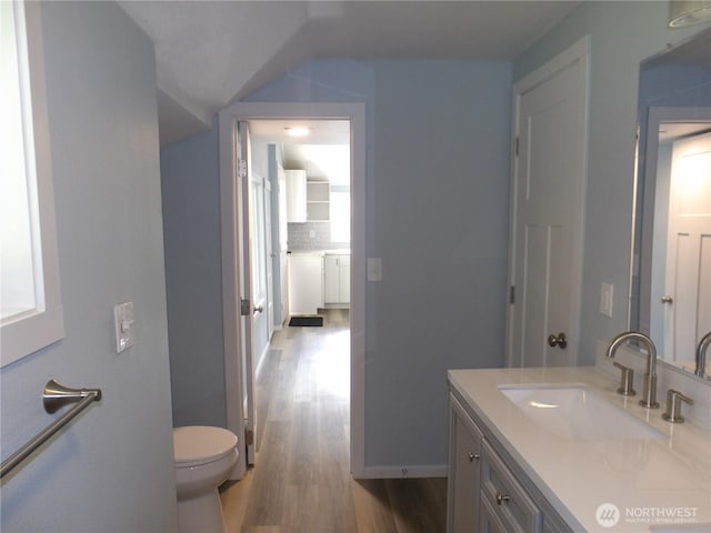 1707 258th Pl, Ocean Park, WA 98640 - bathroom with wood finished floors, vanity, toilet, decorative backsplash, and vaulted ceiling