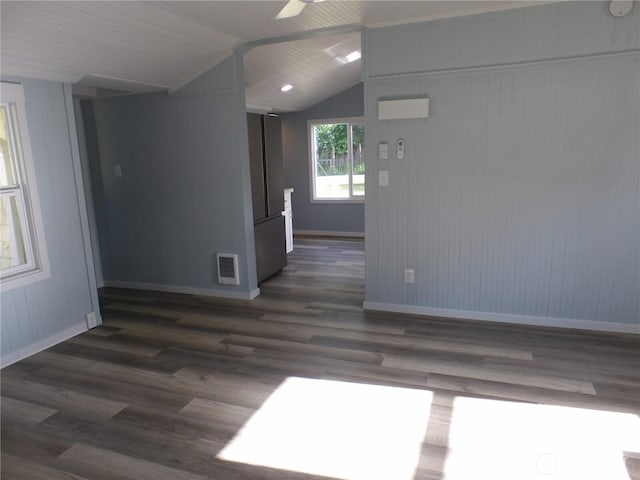 1707 258th Pl, Ocean Park, WA 98640 - empty room featuring baseboards, dark wood-type flooring, lofted ceiling, and ceiling fan