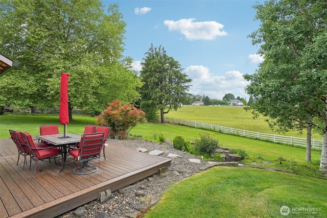 8906 NE 275th St, Battle Ground, WA 98604 - view of yard with a wooden deck, outdoor dining area, and a view of rural / pastoral area