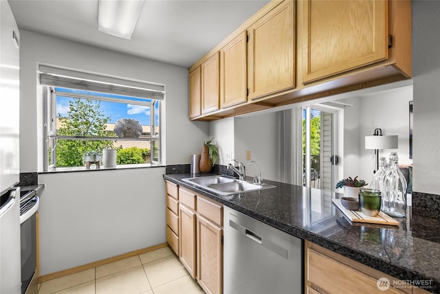 12056 15th Ave NE Unit 204, Seattle, WA 98125 - kitchen featuring stainless steel dishwasher, a sink, light brown cabinetry, light tile patterned floors, and baseboards