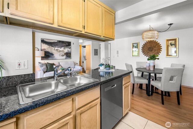 12056 15th Ave NE Unit 204, Seattle, WA 98125 - kitchen with dishwasher, a sink, light brown cabinetry, dark countertops, and light tile patterned floors